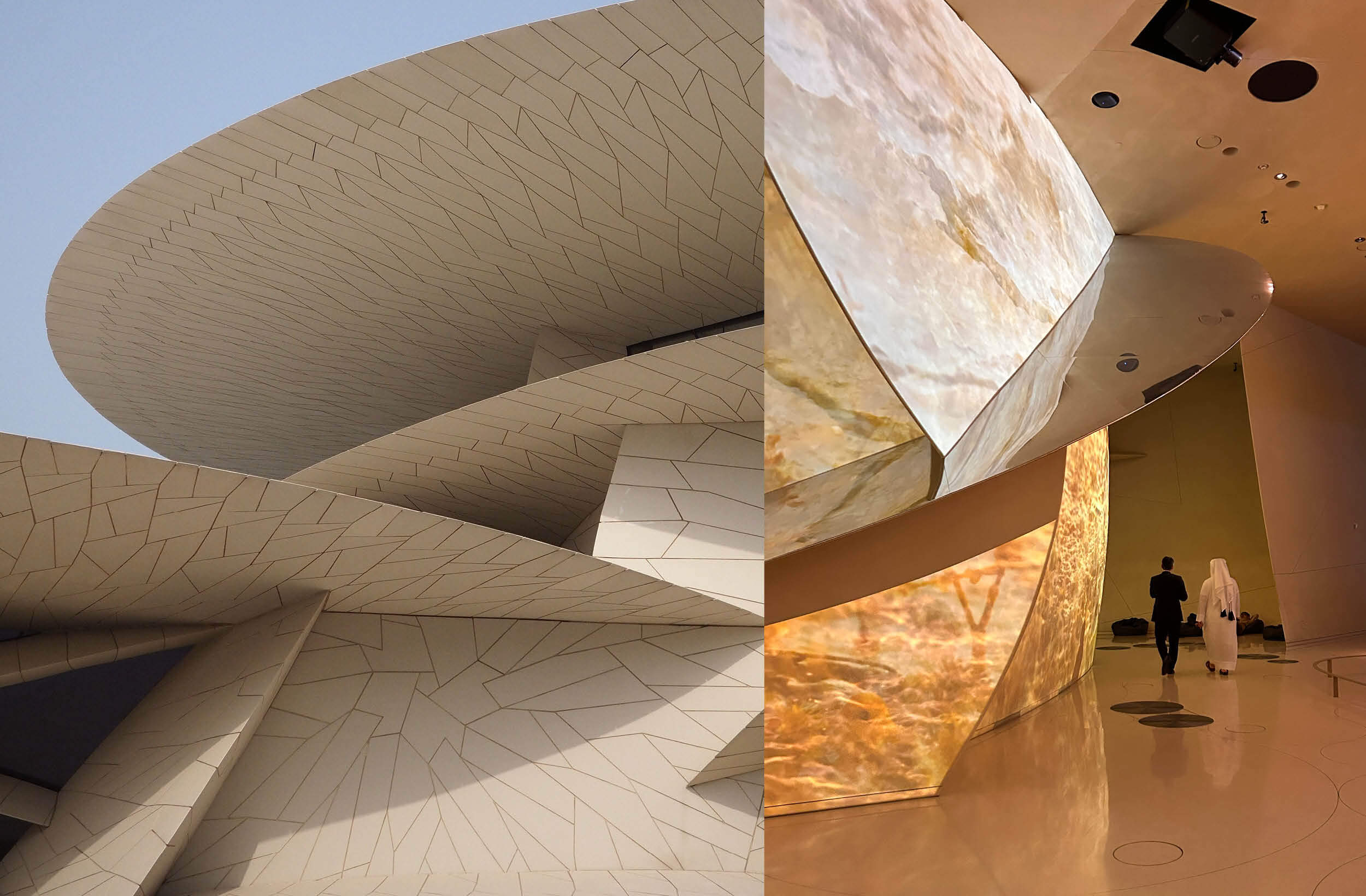 Photography of the National Museum of Qatar's exterior (left) by Natalya Rostun, interiors (right) by Fifth Estate